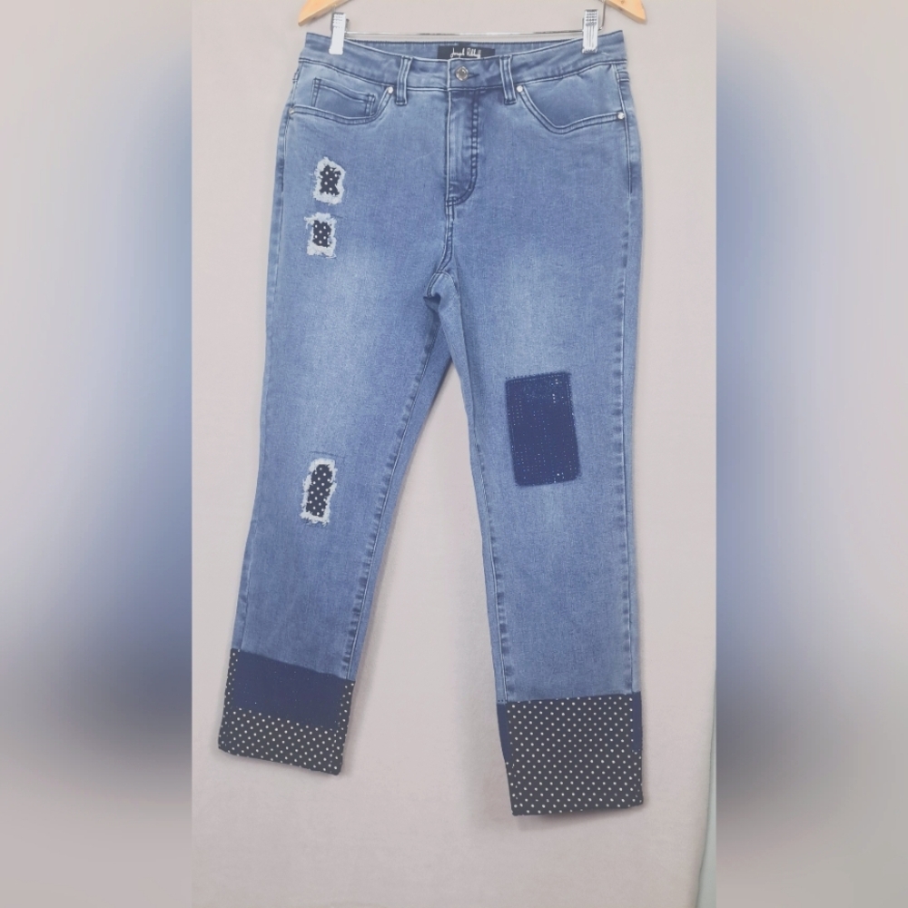 Joseph Ribkoff Women's Jeans Stretch Distressed Denim with Polka Dot Rhinestones